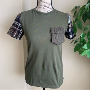 Zara Plaid Sleeve Front Pocket Crew Neck Top Green Sz S